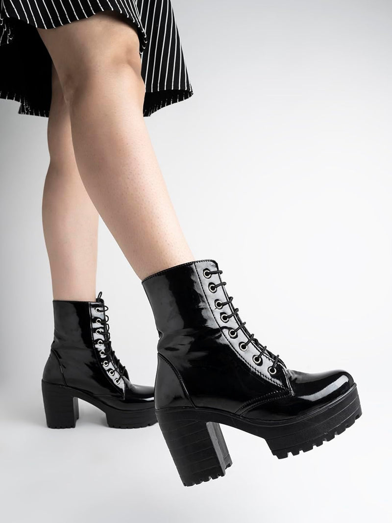 Women & Girls Lace Up Block Heeled Western Boots/Boot-07/Black/UK6-EU39