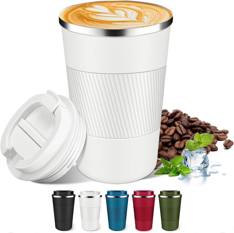 BuyOn Travel Coffee Tumbler Stainless Steel Double Wall Vacuum Hot and Iced Coffee Cup Hydro Flask Drinks Insulated Mug with Leakproof Lid for Home Office Gym Outdoor Work (WHITE, 380ML)
