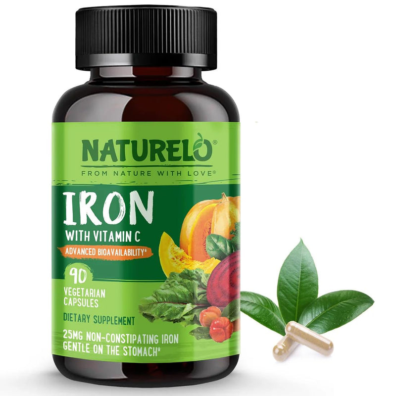 NATURELO Vegan Iron Supplement with Vitamin C and Organic Whole Foods - Gentle Pills for Women & Men w/Iron Deficiency Including Pregnancy, Anemia Diets 90 Mini Capsules
