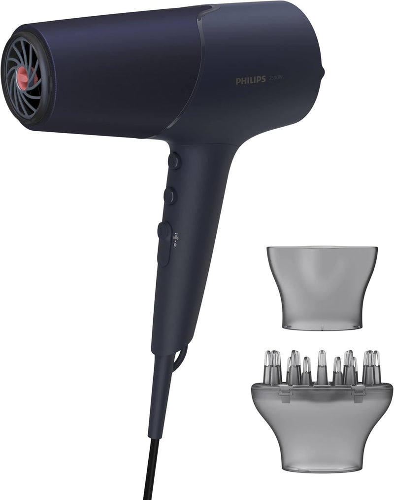 Philips Essential Care. Thermoprotect. Foldable. 1200W. Dc Motor. 3 Heat/Speed Settings + Cool Shot. No Ions. Easy Storage Hook. Concentrator. 1.5M. 3 Pin, Bhc010/13. 2 Years Warranty - BHD510/03, Blue Metallic