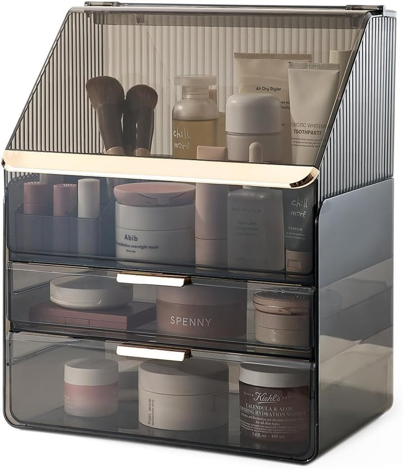 Kousee Makeup Storage Organizer, Large Skincare Organizers Cosmetic Display Case with Lid,Lipstick Organizer and Transparent Cover, Makeup Box for Bedroom Vanity Desk Countertop Bathroom -White