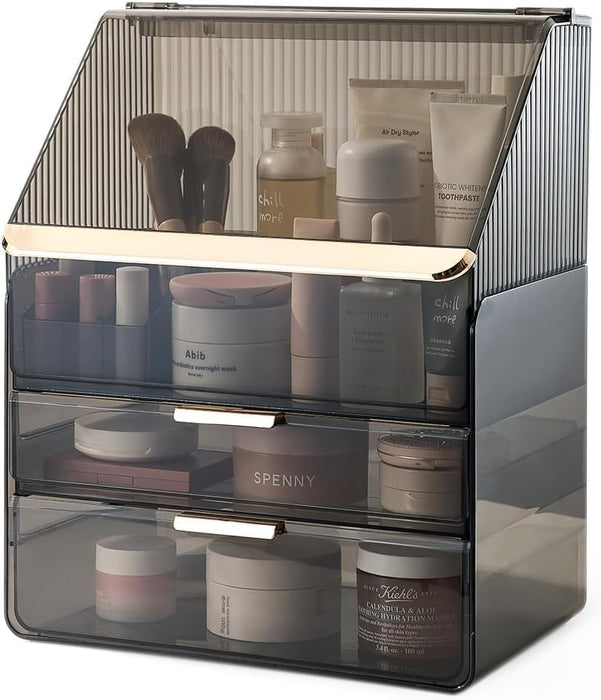 Kousee Makeup Storage Organizer, Large Skincare Organizers Cosmetic Display Case with Lid,Lipstick Organizer and Transparent Cover, Makeup Box for Bedroom Vanity Desk Countertop Bathroom -White