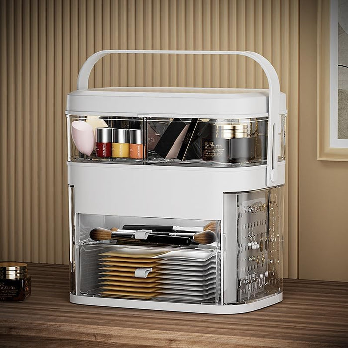 TAPIT Acrylic Clear Makeup Organizer and Storage Stackable Extra Large Skin Care Cosmetic Display Case with Pulley Makeup Accessories Beauty Skincare Product Organizer (White)