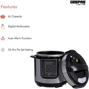 1000W 7-in-1 Electric Pressure Cooker, Steamer 6L Digital Multicooker Stainless Steel/Black 14 Cooking Modes, Automatic Keep Warm & 24 Hours Preset Function 2 Years Warranty