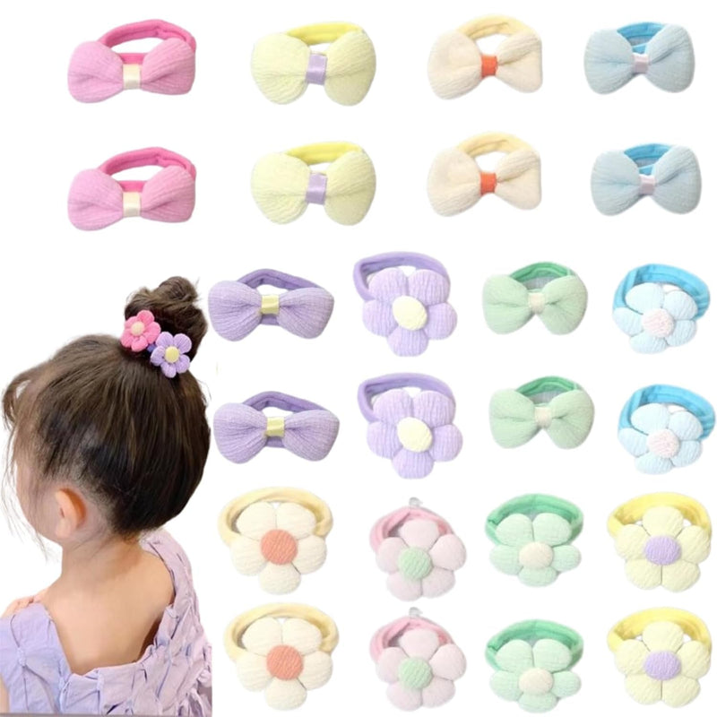 Lonimia 24 Pcs Multicolor Cotton Elastic Hair Ties for Girls with Bows and Flowers, Soft Seamless Elastic Hair Bands, Perfect for Little Girls, Toddlers, Babies and Kids
