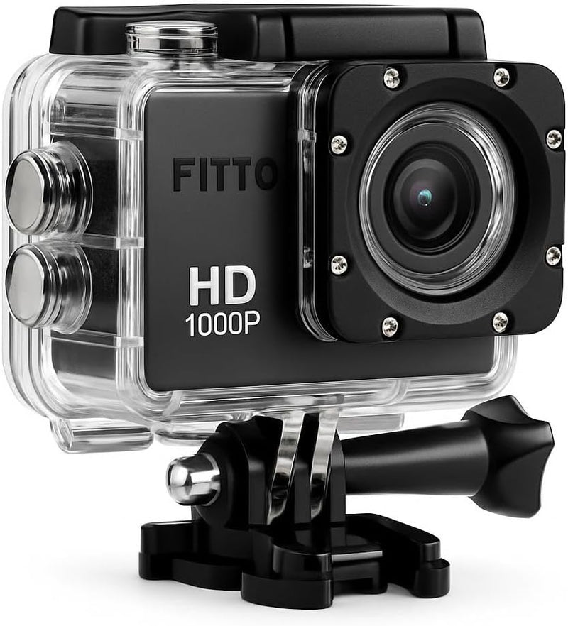 FITTO Sports Cam Waterproof Action Camera 1080P, Full HD 12MP Video Camera, 2-inch LCD, 140 Wide Angle Lens, 30M Underwater, Multi-Use Accessories