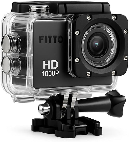 FITTO Sports Cam Waterproof Action Camera 1080P, Full HD 12MP Video Camera, 2-inch LCD, 140 Wide Angle Lens, 30M Underwater, Multi-Use Accessories