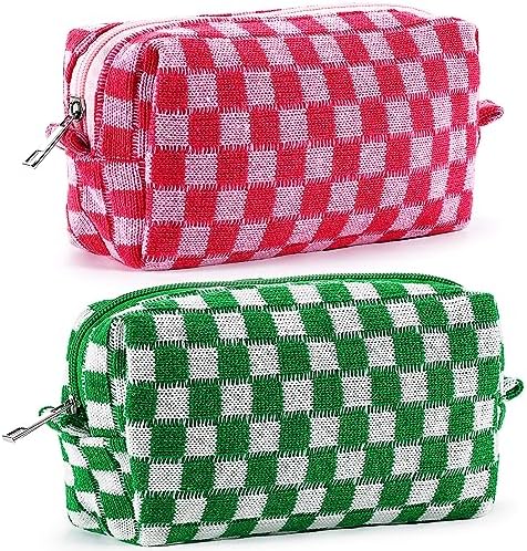 ZLFSRQ 3Pcs Checkered Makeup Bag for Women Large Cosmetic Bag Set Travel Toiletry Bag Makeup Pouch Bag for Purse Pink Zipper Storage Bag Organizer Cute Small Aesthetic Girls Car Essentials Bag