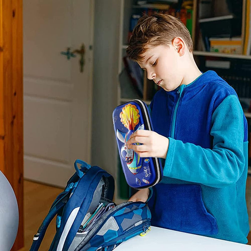 Pencil Case for Boys, 3D EVA Cartoon Space Storage Pouch Pen Holder, Pencil Case with Compartments for School Kids, Large-Capacity Storage Box, Children's Student Stationery Gift Box, Spaceship Blue