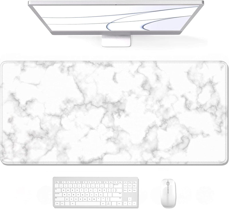 Auhoahsil Desk Pad, XXL Large Mouse Extended Gaming Mousepad, Cute Mat for Women, Big Office Accessories Pad Computer Keyboard and Laptop, 35.5 x 15.7 Inch, Pretty Pink Flowers, Girly Flowers - 50 Simple White Marble 35.5L x 15.7W inches