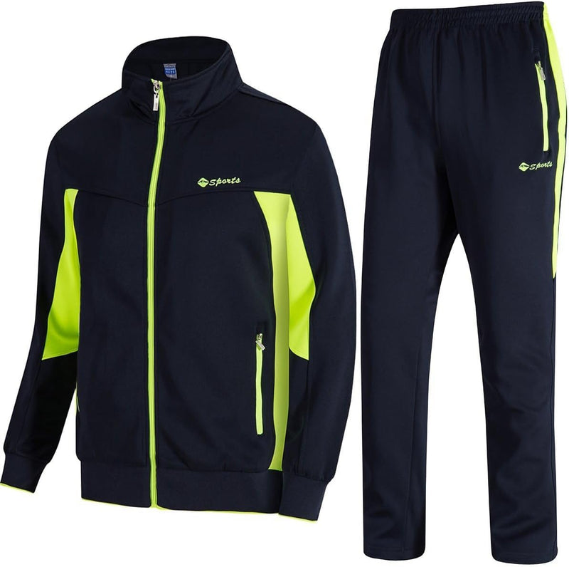 Men's Tracksuit, 2-Piece Set, Casual, Athletic Sweat Suit with Full Zipper, for Jogging, Warm-Up - 01 Navy+fluorescent Green