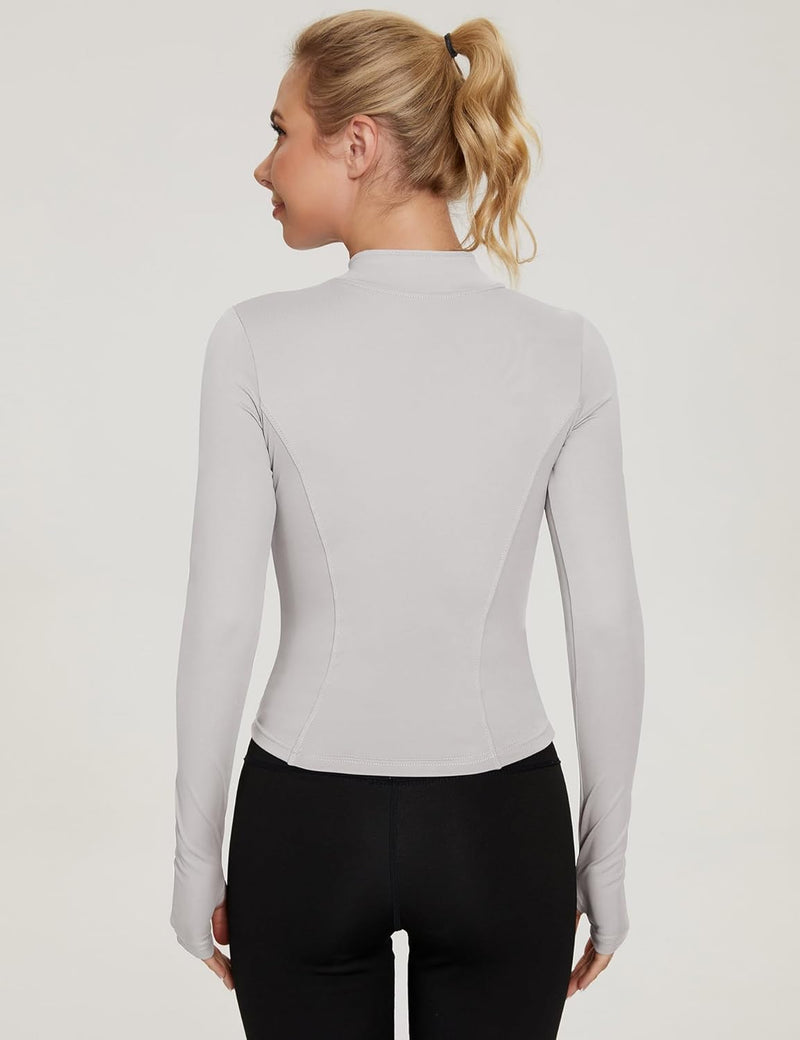 IECCP Women's T-Shirt, Gym Top, Yoga Top, Long-Sleeved Crop Top, Sports Shirt, Lightweight Fitness Top with Half Zipper and Thumb Hole