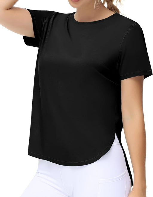 Women's Workout T-Shirts Loose Fit Short Sleeve Cotton Running Basic Tee Tops with Split Hem - Black