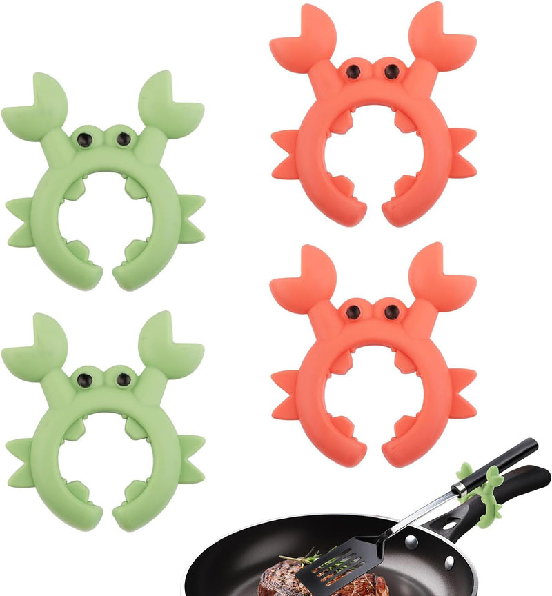 4Pcs Crab Spatula Holder, Anti-Scalding Silicone Utensil Holder Crab Utensil Rest Crab Spoon Holder Adjustable Over Spill Stopper for Kitchen Creative Crab Gift (Green, Orange)