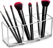 Clear Makeup Brush Holder Organizer with 3 Slots, Clear Cosmetic Brushes Container for Eyebrow Pen Comb Power Brush, Desktop Pen Pencil Storage Organizer