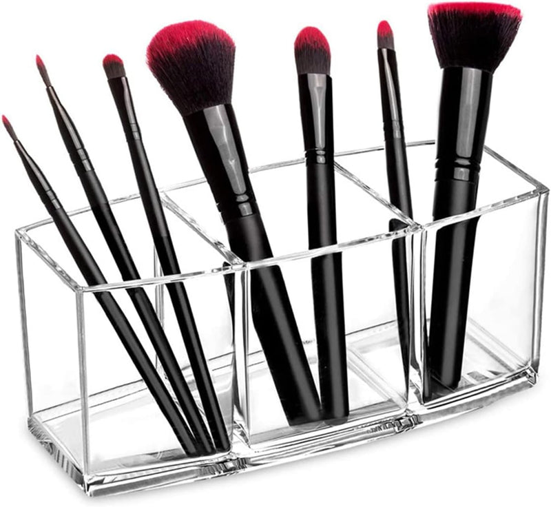 Clear Makeup Brush Holder Organizer with 3 Slots, Clear Cosmetic Brushes Container for Eyebrow Pen Comb Power Brush, Desktop Pen Pencil Storage Organizer