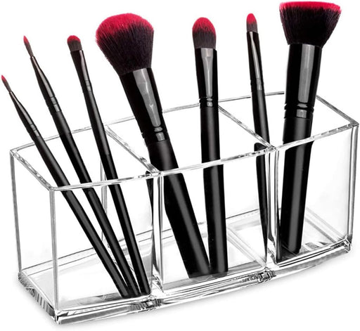 Clear Makeup Brush Holder Organizer with 3 Slots, Clear Cosmetic Brushes Container for Eyebrow Pen Comb Power Brush, Desktop Pen Pencil Storage Organizer