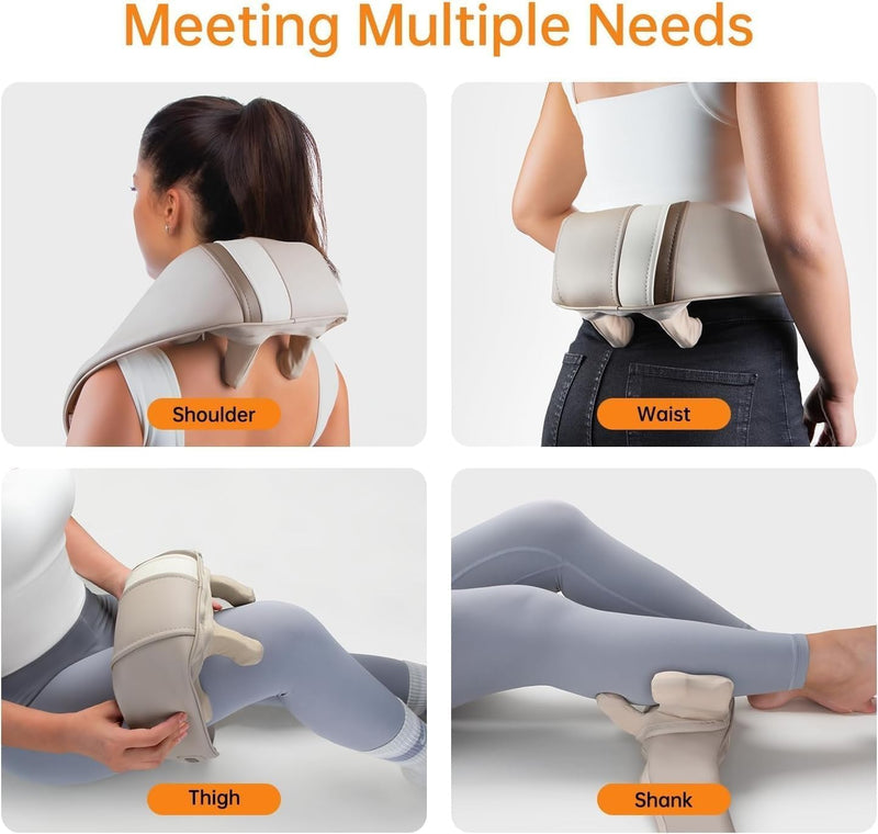 Neck Massager with Heat, Cordless Deep Tissue Kneading Massage Pillow - 3D Shiatsu Shoulder and Back Massager with 2 Heat Levels, Rechargeable Muscle Pain Relief for Home, Office & Car Use