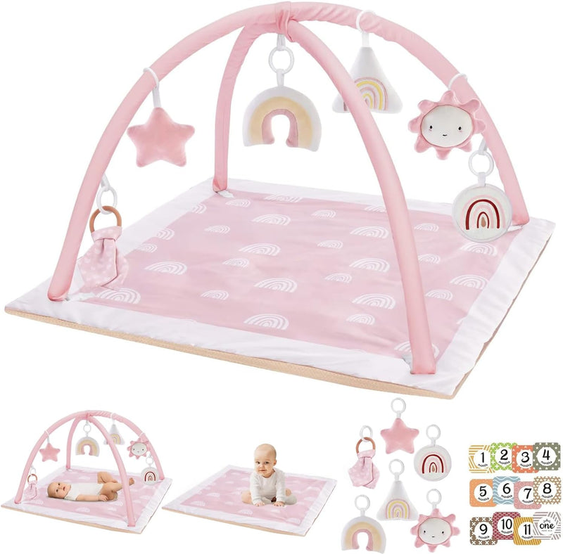 Washable Baby Gym Activity Center with Play Mat, Early Development Playmats, 6 Toys for Infant & Toddler, Larger, Non Slip,Pink