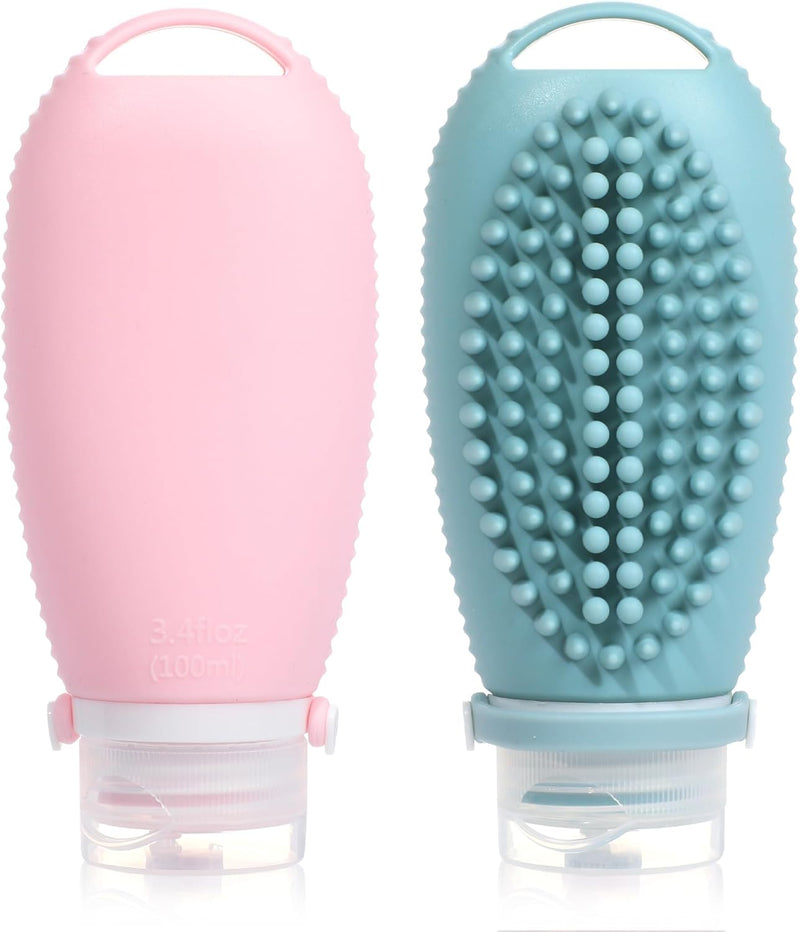 Silicone Travel Bottles for Toiletries, 3oz Travel Toiletry Bottles With Brush Leak Proof Strap, BPA Free Leak Proof Squeezable, TSA Approved for Shampoo Conditioner 2 Pieces, Pink & Blue