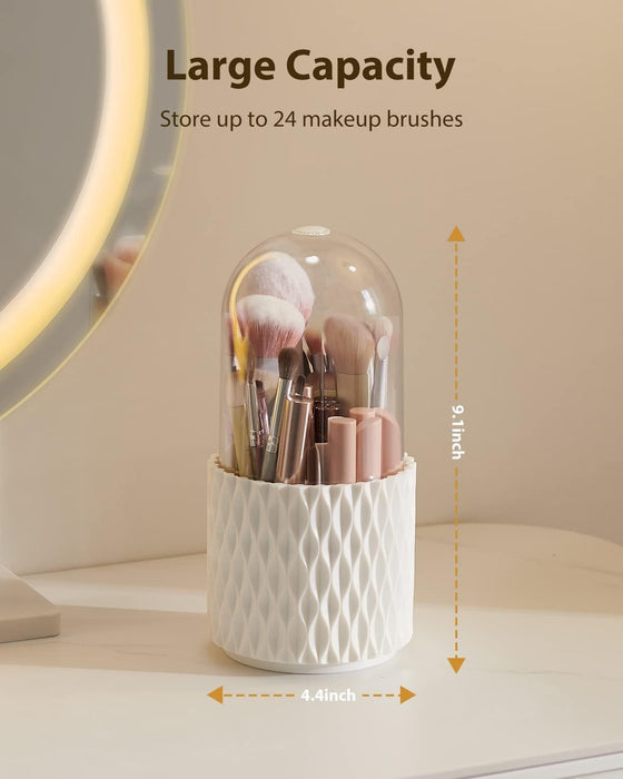 AMERTEER Makeup Brush Holder Organizer with Lid, 360° Rotating Makeup Case Organizer, Dustproof Makeup Brush Organizer, Cosmetics Display Case for Lipstick, Brushes, Nail Polish