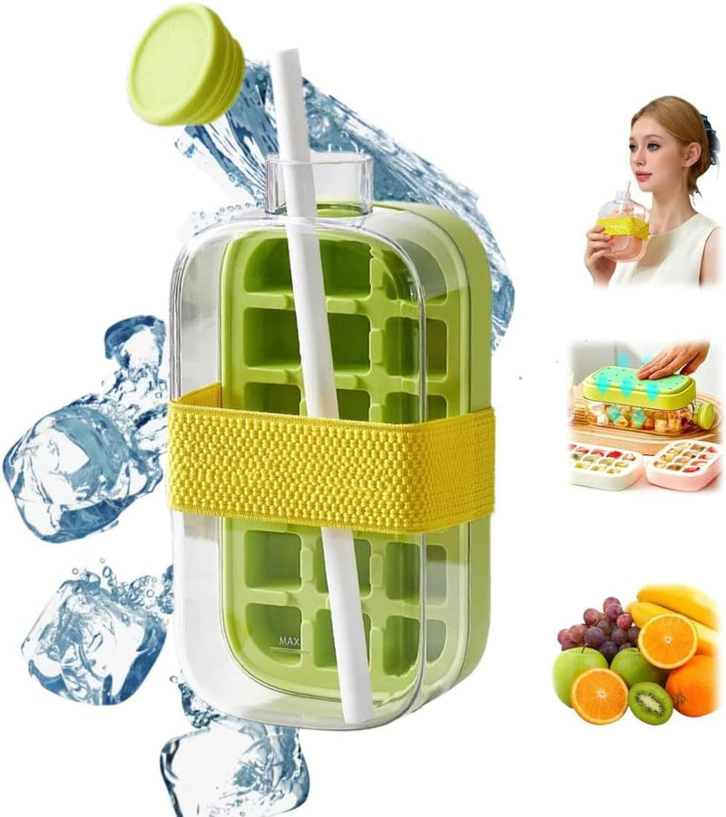 Ice Bottle Cup, 2 in 1 Zero Touch Press Ice Cube Mold Water Bottle with Lid and Straw, Zero Touch Press Ice Cube Mold for Coffee, Beers, Juice and Beverages (green) - green