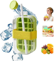 Ice Bottle Cup, 2 in 1 Zero Touch Press Ice Cube Mold Water Bottle with Lid and Straw, Zero Touch Press Ice Cube Mold for Coffee, Beers, Juice and Beverages (white) - green