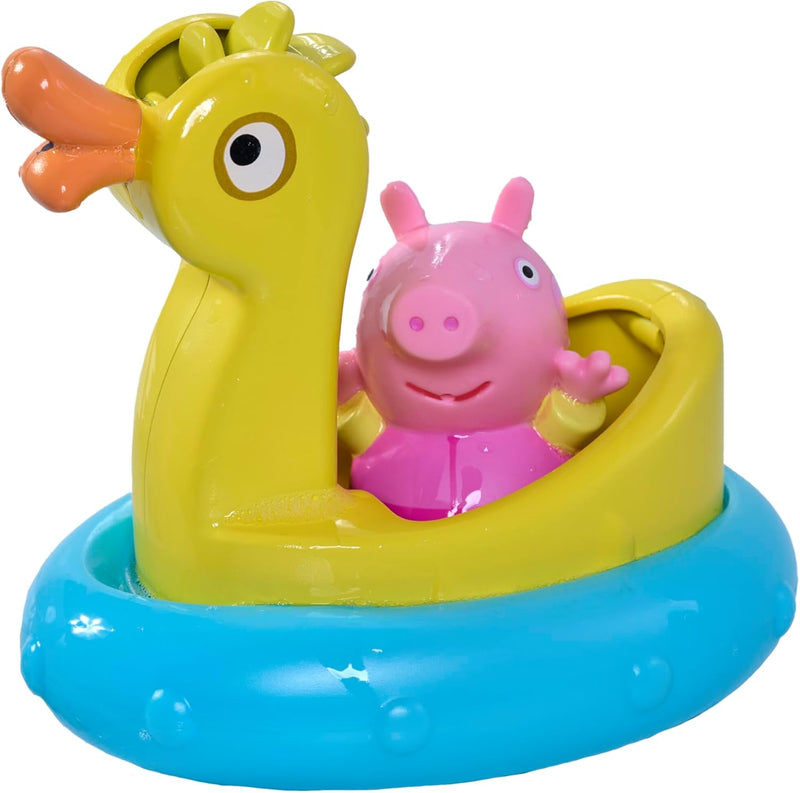 TOMY Toomies Peppa Pig Peppa and Duck Bath Float - Peppa Water Squirter Bath Toy and Duck Pourer Float with Water Wheel - Officially Licensed Peppa Pig Toys - Baby Bath Toys for +18 Months, Small
