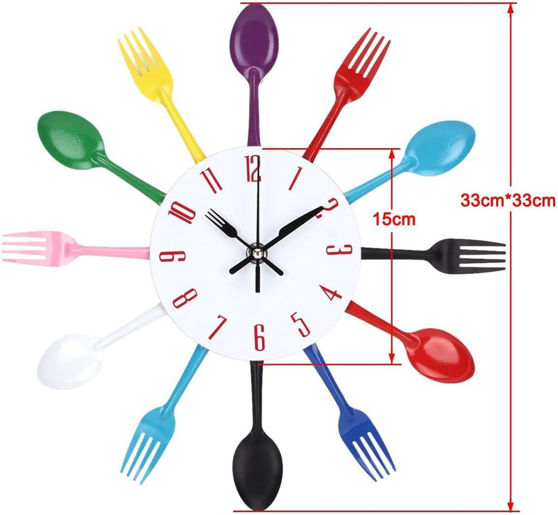 Timelike 3D Removable Modern Creative Cutlery Kitchen Spoon Fork Wall Clock Mirror Wall Decal Wall Sticker Room Home Decoration (Black)
