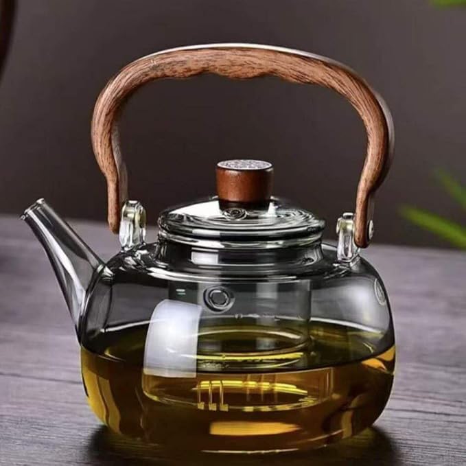 black 1L Borosilicate Glass Teapot Stovetop safe ï¼ŒLoose Leaf and Blooming Tea Maker, Christmas GiftGlass Tea Kettle with Wooden Handle,Large Size for Women and Adult (black teapot)