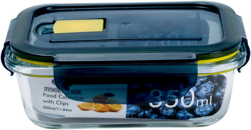 Mondex Borosilicate Glass Round Food Saver with food Storage Container Lunchbox 600ml Capacity, Openable and Secure Air Vent, Silicone Seal, Plastic Lid - Rectangular 350ml