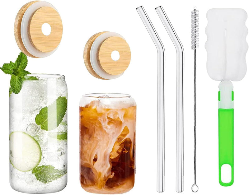 TAPIT Drinking Glasses with Bamboo Lids and Glass Straw, 13.5oz/17oz Beer Can Shaped Glass Cups, Tumbler Cup Ideal For Beer, Tea, Soda, Iced Coffee Include 2 Cleaning Brushes (2pcs,400ml*2)