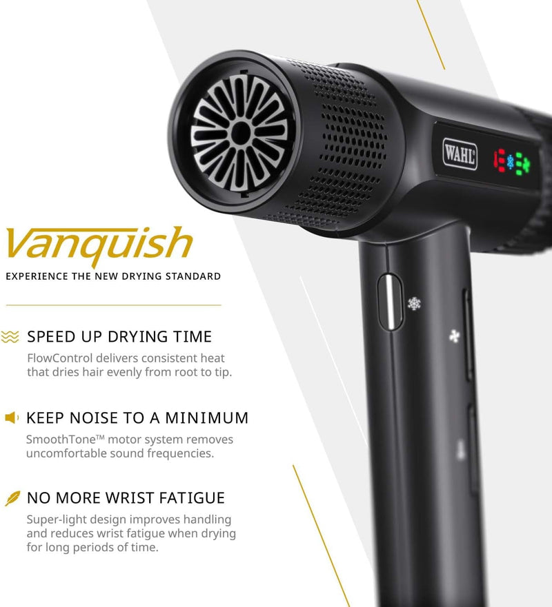 Wahl Vanquish Hair Dryer, Lightweight, LED Display, Quiet, Professional 3 Attachments, Powerful, Cool Drying, 3 Speed-Settings, Auto-Clean, Even Drying, Quick Dry
