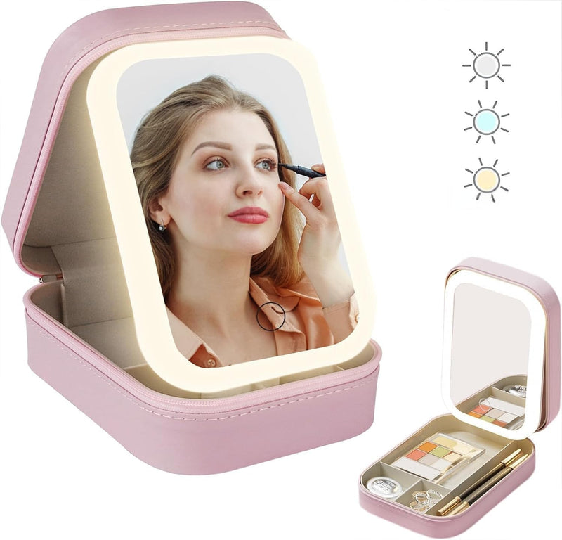 Tufexigo Travel Makeup Case with LED Mirror, Makeup Bag with Lighted Mirror, Cosmetic Train Storage Box, Portable Organizer Vanity Case for Women Beauty Tools Accessories Rechargeable (Pink)