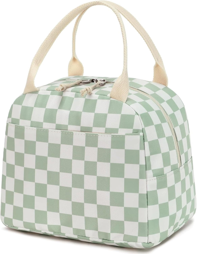 Lunch Bag for Women Men Cute Corduroy Lunch Tote Bags Reusable Insulated Lunch Box Large Capacity Reusable Insulated Cooler for Work Picnic or Travel (Corduroy strawberry) - Light green white grid