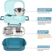 Stainless Steel Bento Lunch Box for Kids Adults, Stackable Food Containers with 3 Compartments Reusable Sauce Bowl, Fork and Spoon 9.1 x 6.5 x 3.2 inch (1000ml/34oz Light Blue)