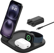 Belkin BoostCharge 3-in-1 Magnetic Foldable Charger with Qi2 15W, MagSafe Compatible Fast Charger for iPhone 17, Air, 16, Pixelsnap, Apple Watch, AirPods with Non-Slip Base, PSU Included - White - Black