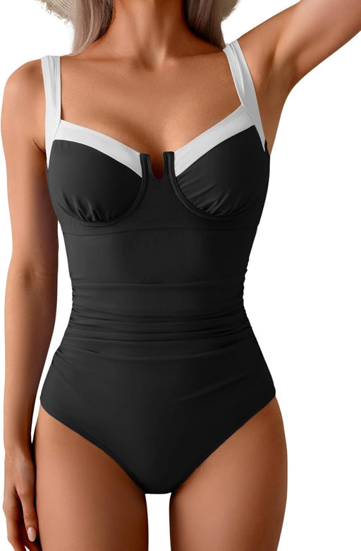Women's Underwire One Piece Swimsuits Tummy Control Bathing Suits Push Up Swim Suit Color Block Swimwear - Black, White