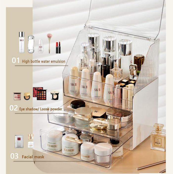 Kousee Makeup Storage Organizer, Large Skincare Organizers Cosmetic Display Case with Lid,Lipstick Organizer and Transparent Cover, Makeup Box for Bedroom Vanity Desk Countertop Bathroom -White