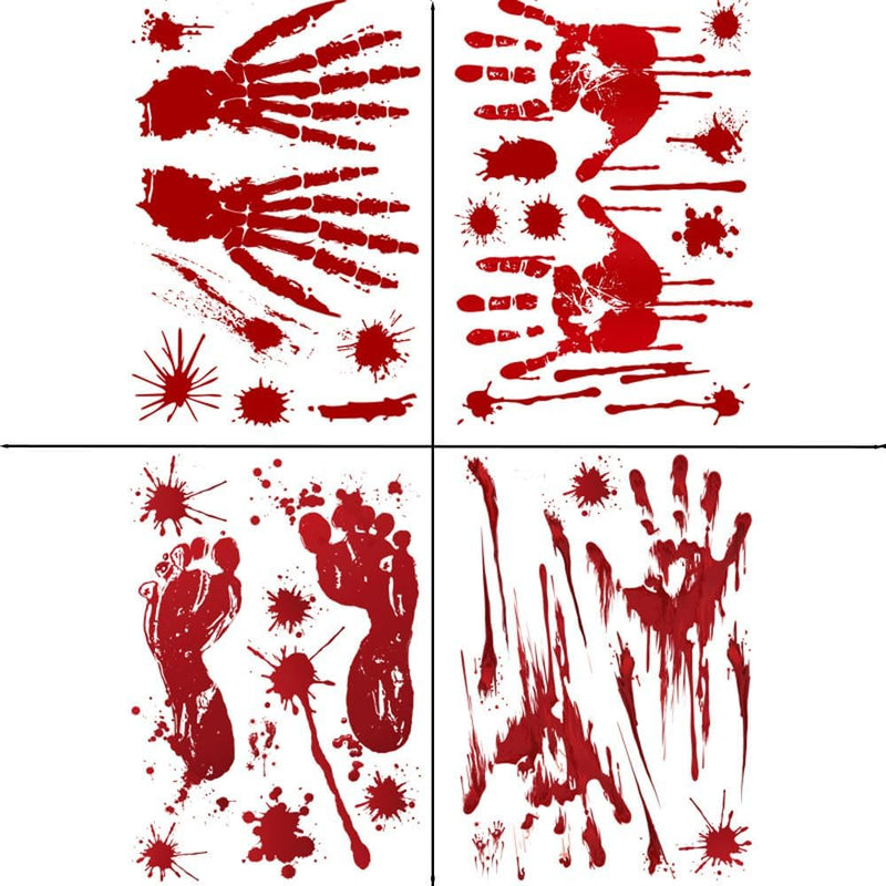 Halloween Bloody Handprint Footprint Stickers Decorations, 8 Sheets/64 Pcs Halloween Wall Window Floor Clings Decals, Scary Stickers For Haunted House Party