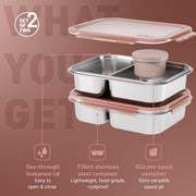 BEOLA Stainless Steel Lunch Box, 2 Compartment Bento Box, BPA Free Tiffin with Lid, Leakproof Meal Container, Perfect as Snack Box (Set of 2, Blush Pink) - 2pcs Blush Pink