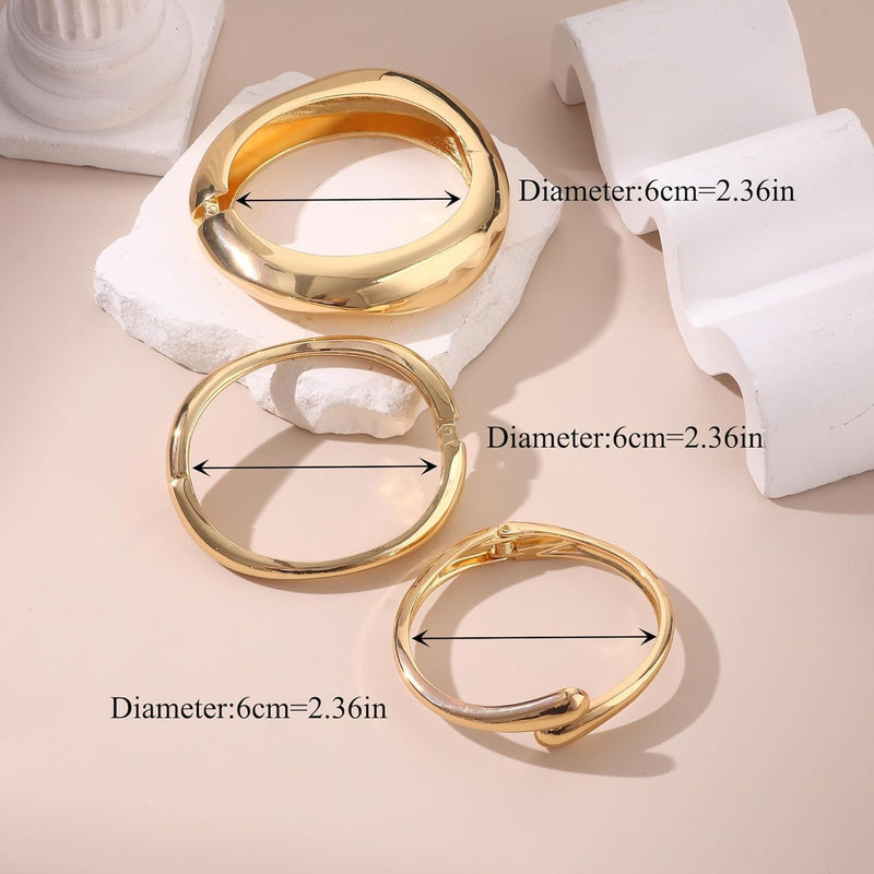 Chunky Gold Bangle Bracelets, Trendy Wide Wrist Cuff Bracelet, Stackable Statement Bangles, Fashion Jewelry Set for Wedding, Party, Travel Women, Girls, Stylish Gift for Her, 3Pcs