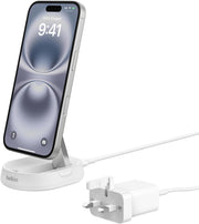 Belkin BoostCharge Pro 15W convertible magnetic wireless charging stand, MagSafe compatible fast Qi2 wireless charger, magnetic fast charger for Apple iPhone 16, 15, 14, 13, 12, AirPods Pro - White - With Power Supply White