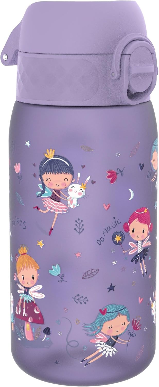 Lightweight Steel Kids Water Bottle, 400ml/13oz, Non-Insulated, Leak Proof, Easy to Open, Secure Lock, Dishwasher Safe, Fits Cup Holders, Carry Handle, Metal Water Bottle, Purple, Fairies - Eco-friendly Fairies