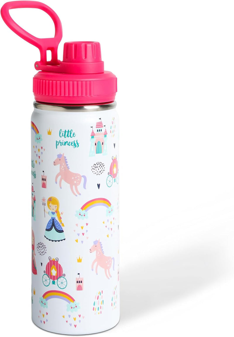 Stainless Steel Water Bottles for Kids, 18oz/530ml Insulated Water Bottle with Handle, Hot Water Bottle, Double Wall Vacuum Sports Water Bottle, BPA Free, Keep Cold and Hot, Water Bottle for School - Princess-Sip lid 18 ounces