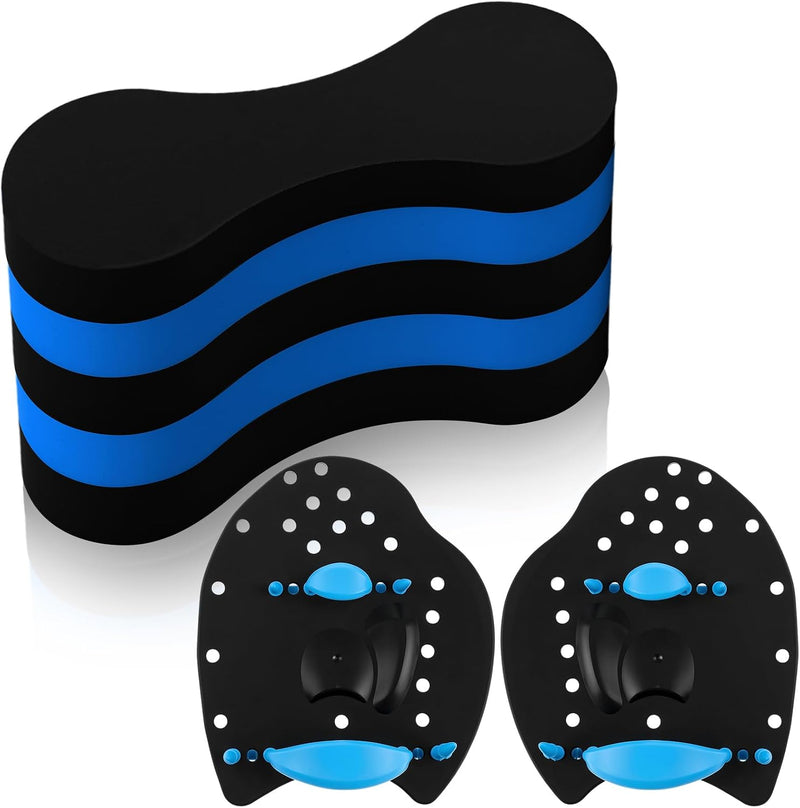 3 Pcs Swim Training Pull Buoy Swimming Hand Paddles Set Include 1 Swim Buoy 2 Swim Hand Paddles for Lap Swimming with Adjustable Straps Swim Training Equipment Kit for Adults - Blue & Black