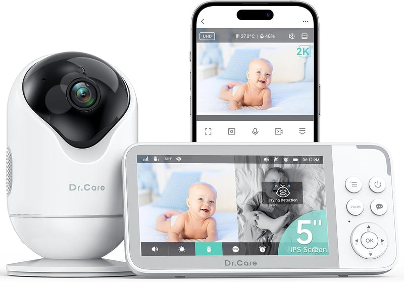 Dr.Care VistaView Smart WLAN Baby Monitor with Camera, 5 Inch 1080P HD, 2K Camera, App Control, Motion & Crying Alarm, Night Vision, 5000 mAh, Two-Way Audio, 390 m Range