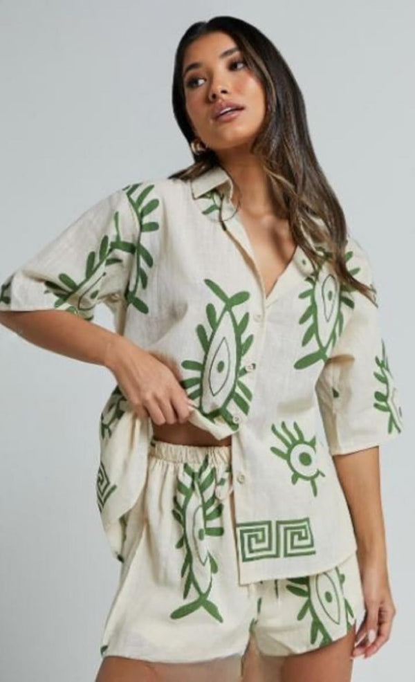 Rayon Geometric Stylish Pajama Shorts Co Ord Set for Women Pack of 1 - WHITE