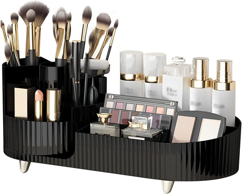 Makeup Organizer, New Perfume Organizer,Upgraded 2-in-1 360 Rotating Makeup Brush Holder,Vecolla Large Adjustable Cosmetic Storage for Vanity,Makeup Organizer Drawers for Skincare Cosmetic(Black)