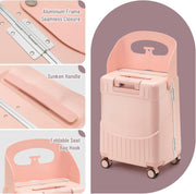 4-Wheel Checked Luggage with Seat for Kids, Travel Suitcase with Adjustable Handle and Hard Shell, Ride-On Suitcase with Child Seat Design for Family Travel, 22 Inch, Pink